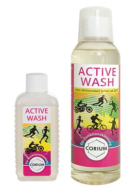 Active Wash in der kleinen Abfüllung mit 100ml und der größeren Abfüllung mit 250ml